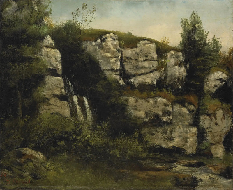 Paisaje con acantilados rocosos y cascada - Gustave Courbet