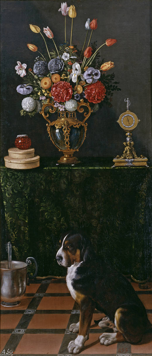 Nature morte avec un vase de fleurs et un chien - Juan van der Hamen