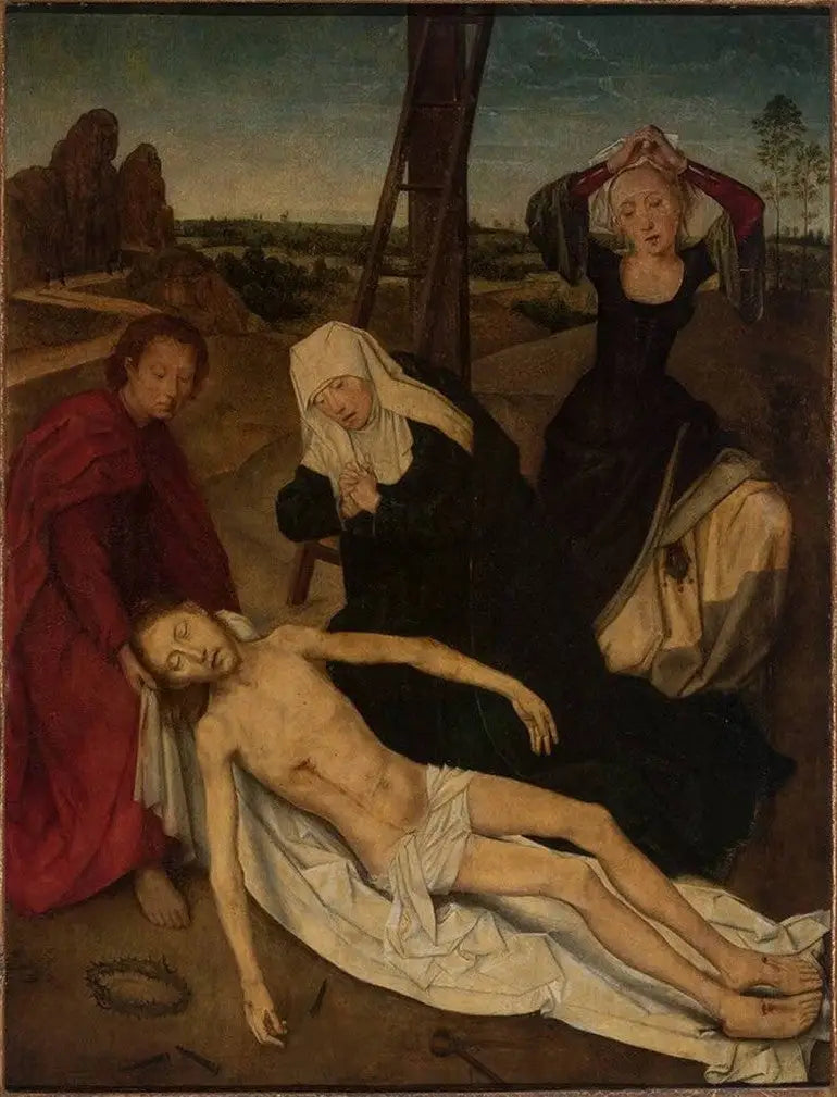 Tríptico, centro: El Cristo llorando por la Santa Virgen, San Juan y Santa María Magdalena - Hans Memling