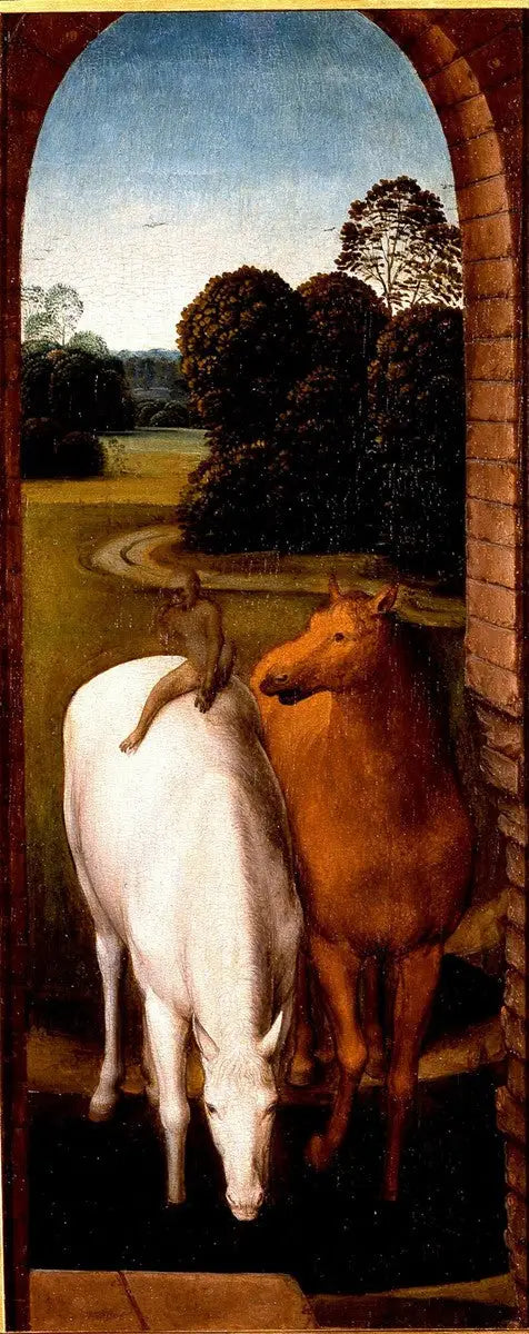 Dos caballos en un paisaje - Hans Memling