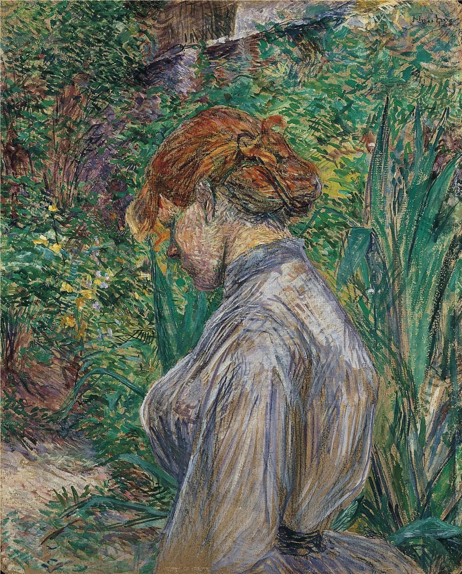 Reproduction du tableau « Femme rousse assise dans le jardin de M. Forest - Henri de Toulouse-Lautrec » par Alpha Reproduction en peinture à l’huile