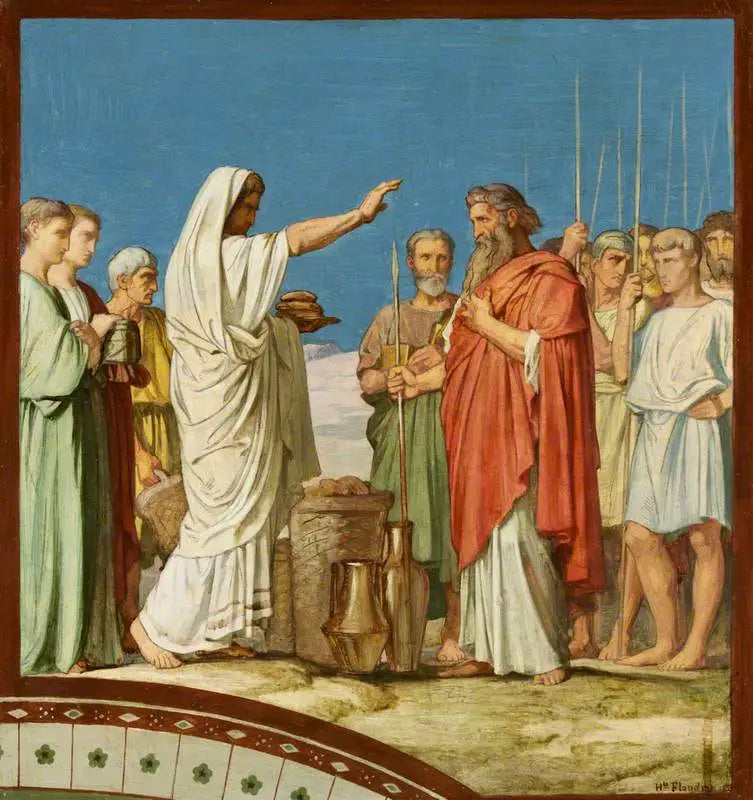 Melquisedec ofreciendo pan y vino, bendice a Abraham: Modelo para la frescura de la nave izquierda de Saint-Germain-des-Prés, París, 1859 (Melquisedec bendice a Abraham y ofrece pan y vino) - Hippolyte Flandrin