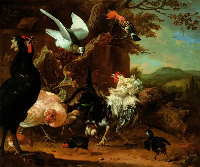 Dos gallos, una gallina y pollitos con una paloma y una abubilla. - Melchior de Hondecoeter