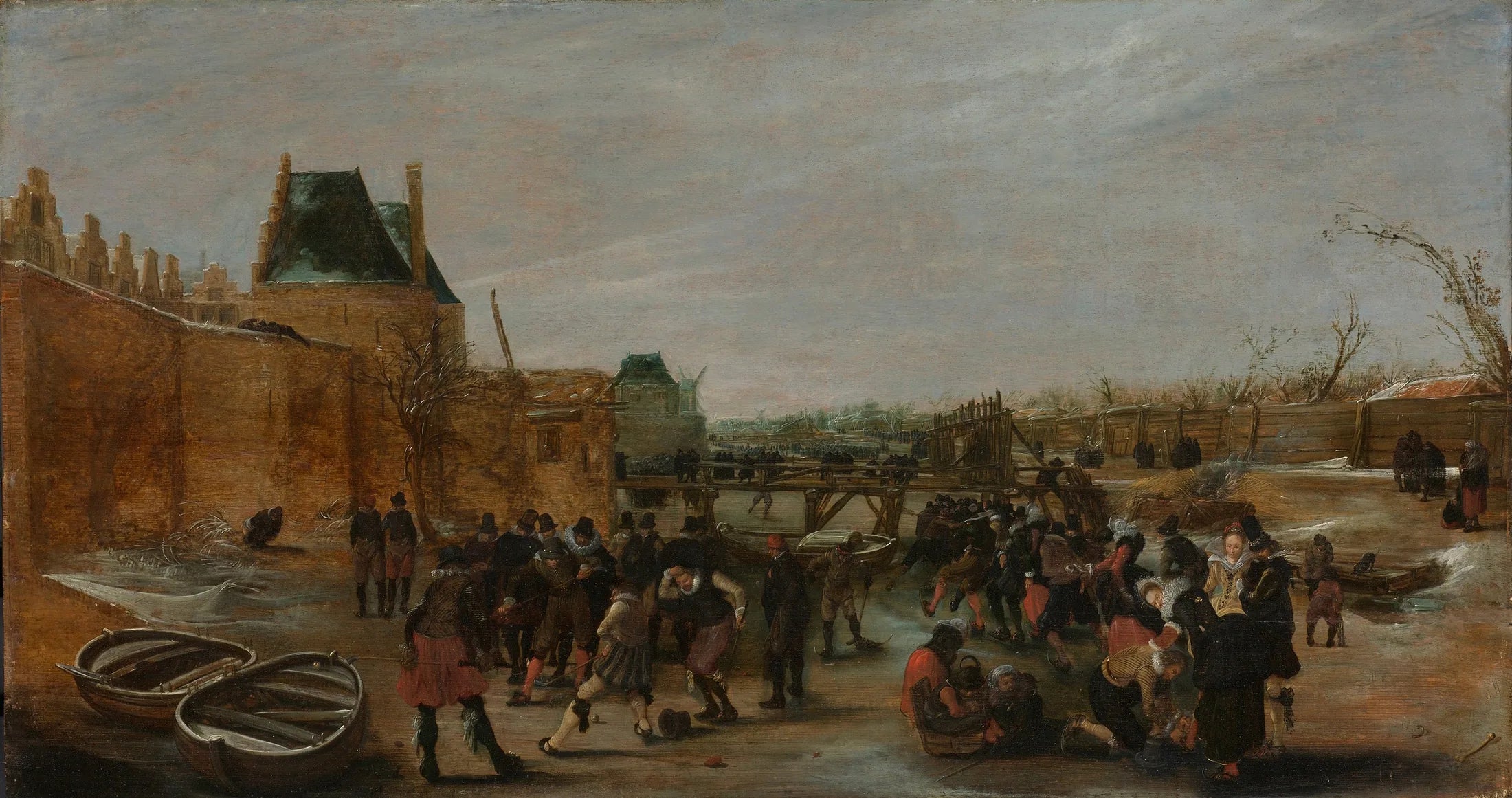 Gambader sur un canal gelé dans une ville - Hendrick Avercamp image 1 tableau peint à l’huile sur toile