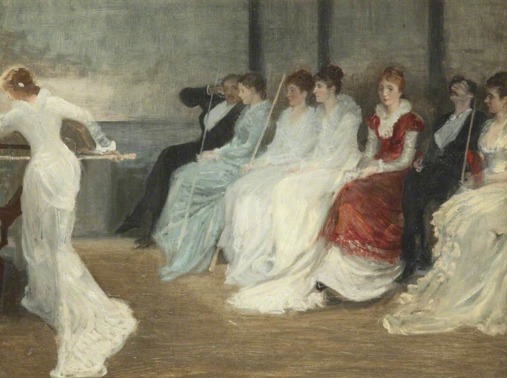 Reproduction du tableau « Whistler et la famille Leyland dans la salle de billard, Speke Hall - James Abbott McNeill Whistler » par Alpha Reproduction en peinture à l’huile