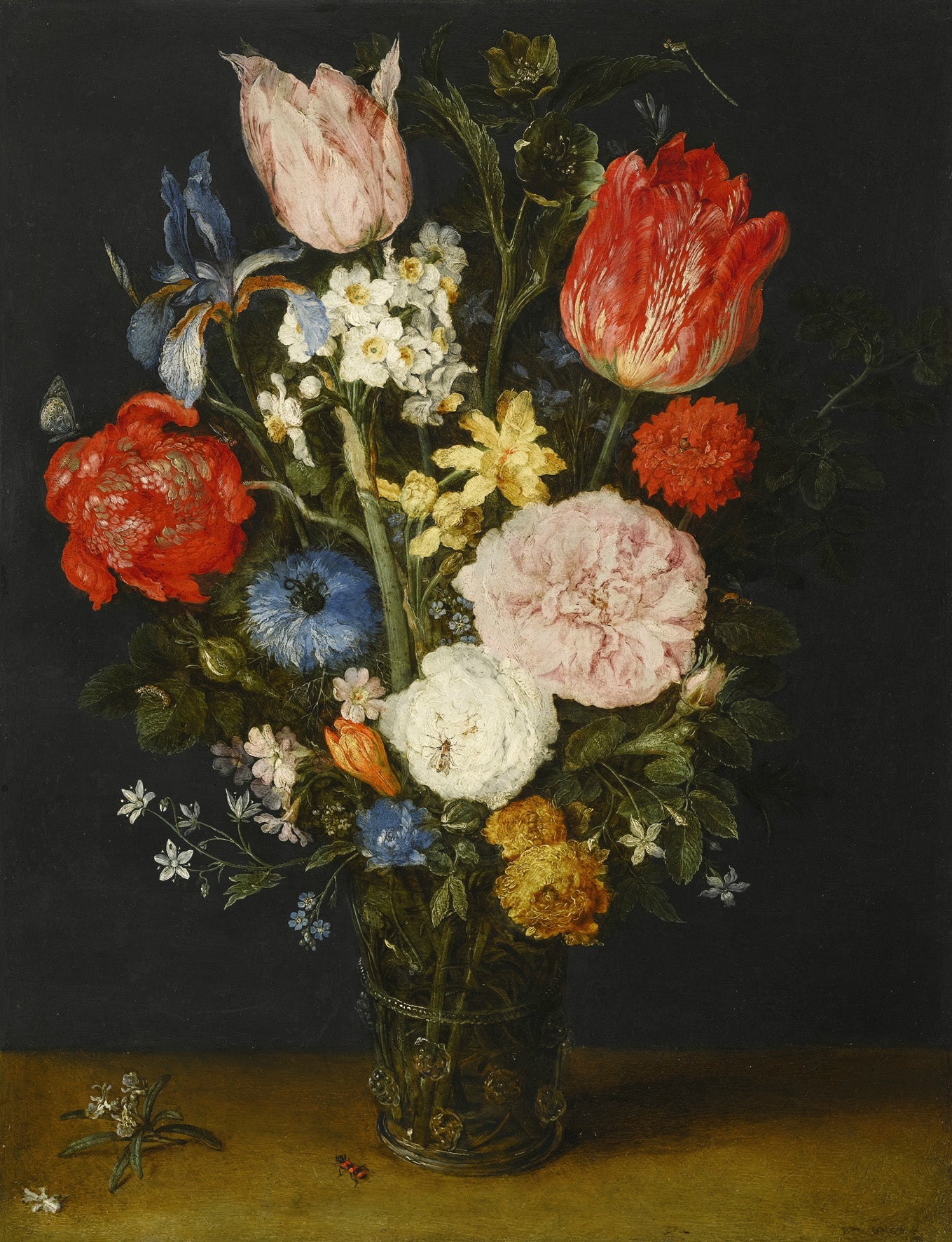 Nature morte aux Tulips, Chrysanthemums, Narcissi, Roses, Irises and other Fleurs in a Glass Vase, 1608-1610 de Jan Brueghel the Elder