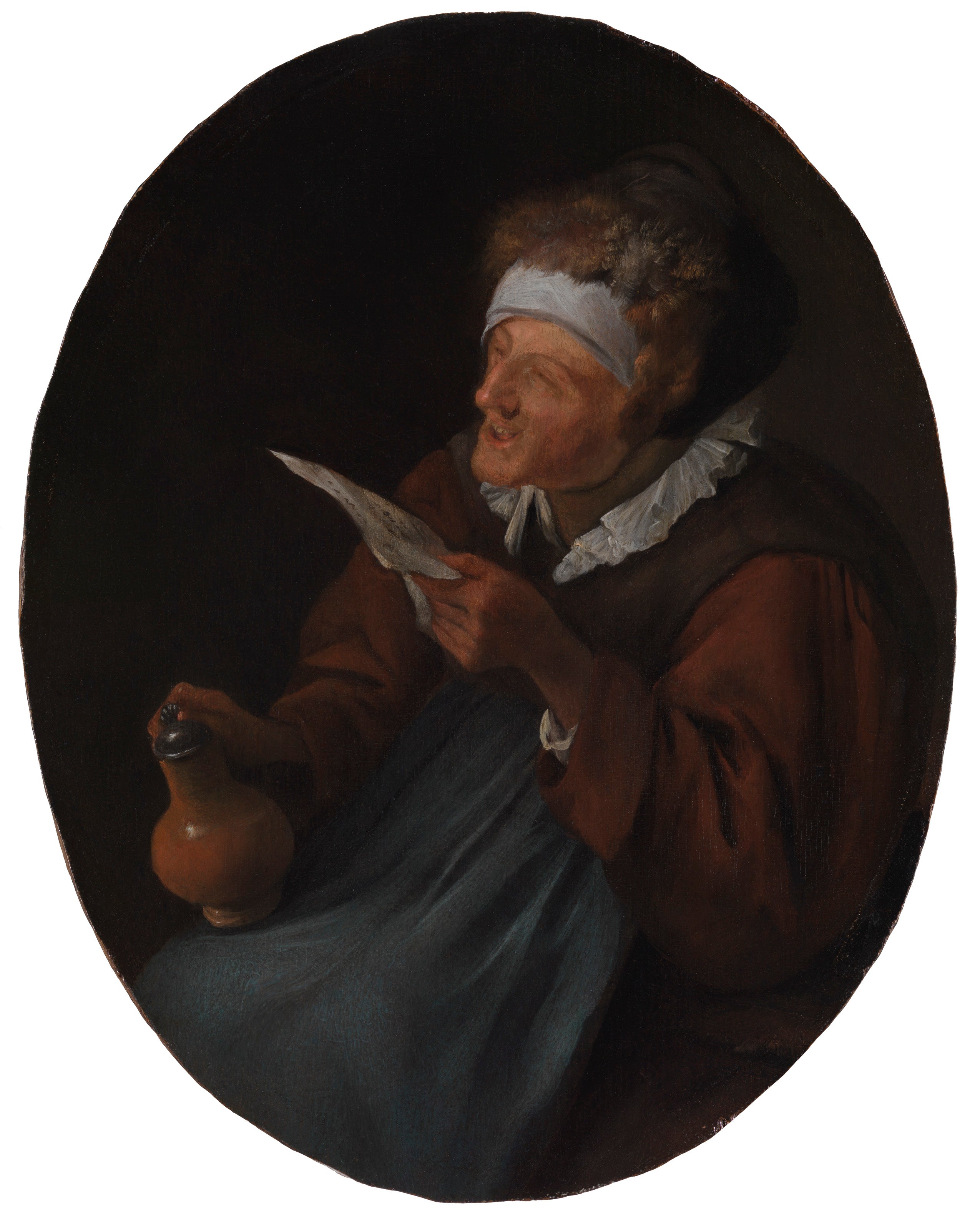 Vieille femme coiffée d'un bonnet de fourrure, tenant une cruche et chantant - Jan Steen