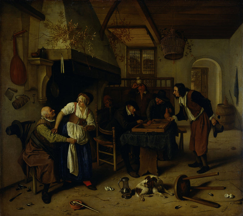 Intérieur d'une auberge où un vieil homme s'amuse avec la propriétaire et deux hommes jouent au backgammon, un jeu connu sous le nom de « Deux sortes de jeux ». - Jan Steen