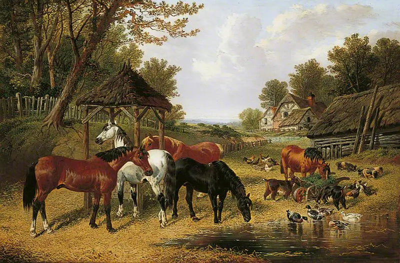 Caballos junto a un estanque de granja - John Frederick Herring, Sr.