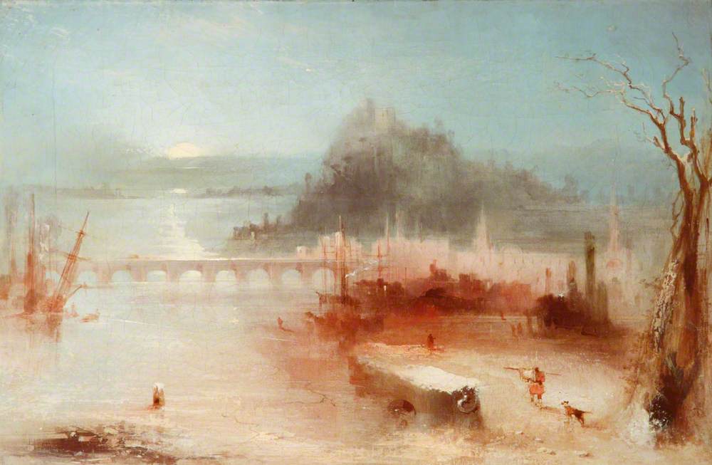 Reproduction du tableau « A Town on the Rhine, with a Bridge and a Castle on a Height – Sunrise - J. M. W. Turner » par Alpha Reproduction en peinture à l’huile