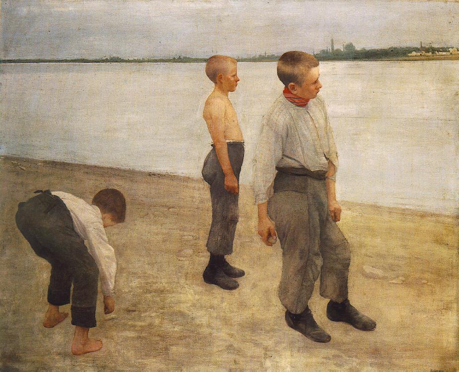Garçons jetant des cailloux dans la rivière, Károly Ferenczy, 1890