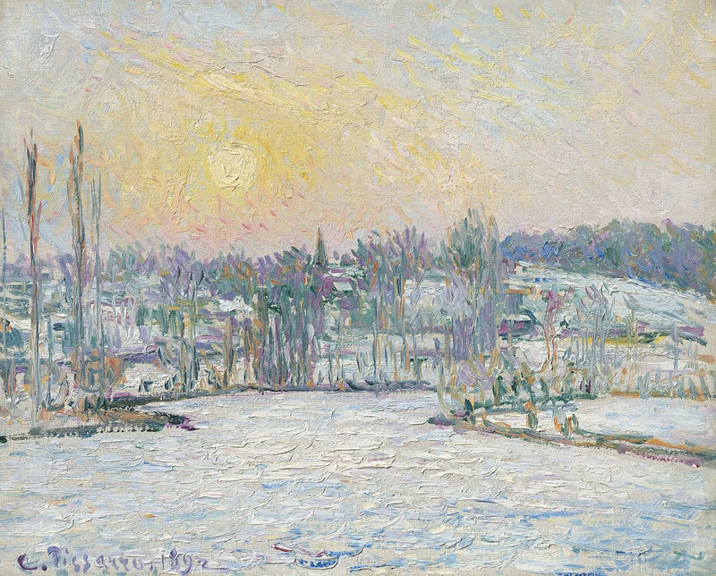 Vista de Bazincourt, efecto de nieve, sol poniente - Camille Pissarro