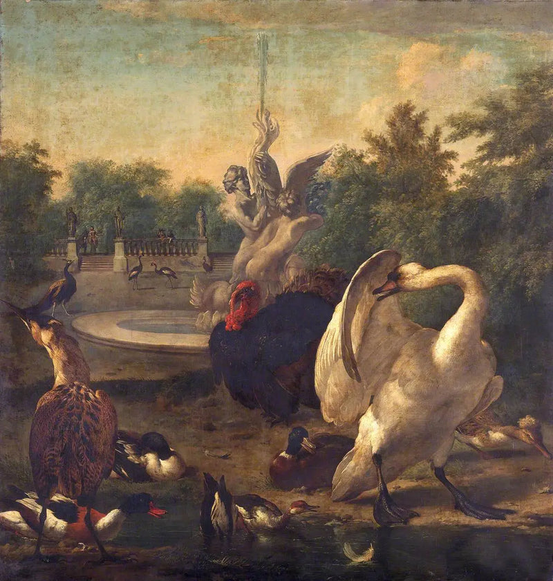 Un parque con un cisne y otros pájaros - Melchior de Hondecoeter