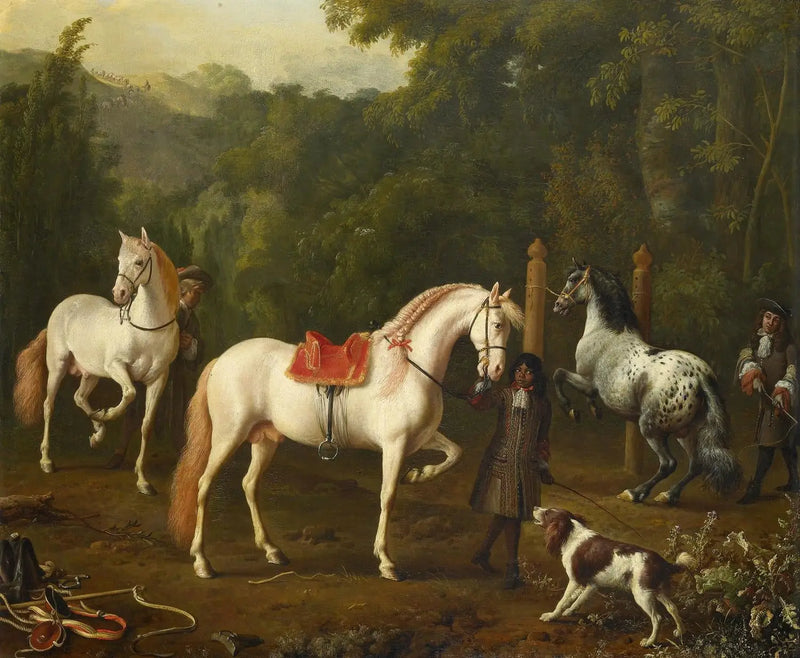 Un cuidador de caballos asiste a un maestro de equitación en el picadero - Melchior de Hondecoeter
