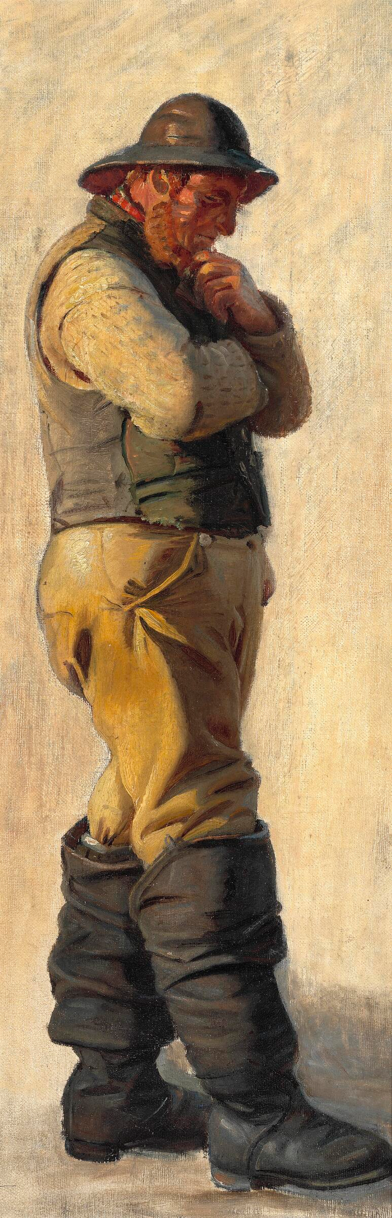 Un pescador de Skagen, vestido con un impermeable y botas altas, se acaricia la barba. - Michael Peter Ancher