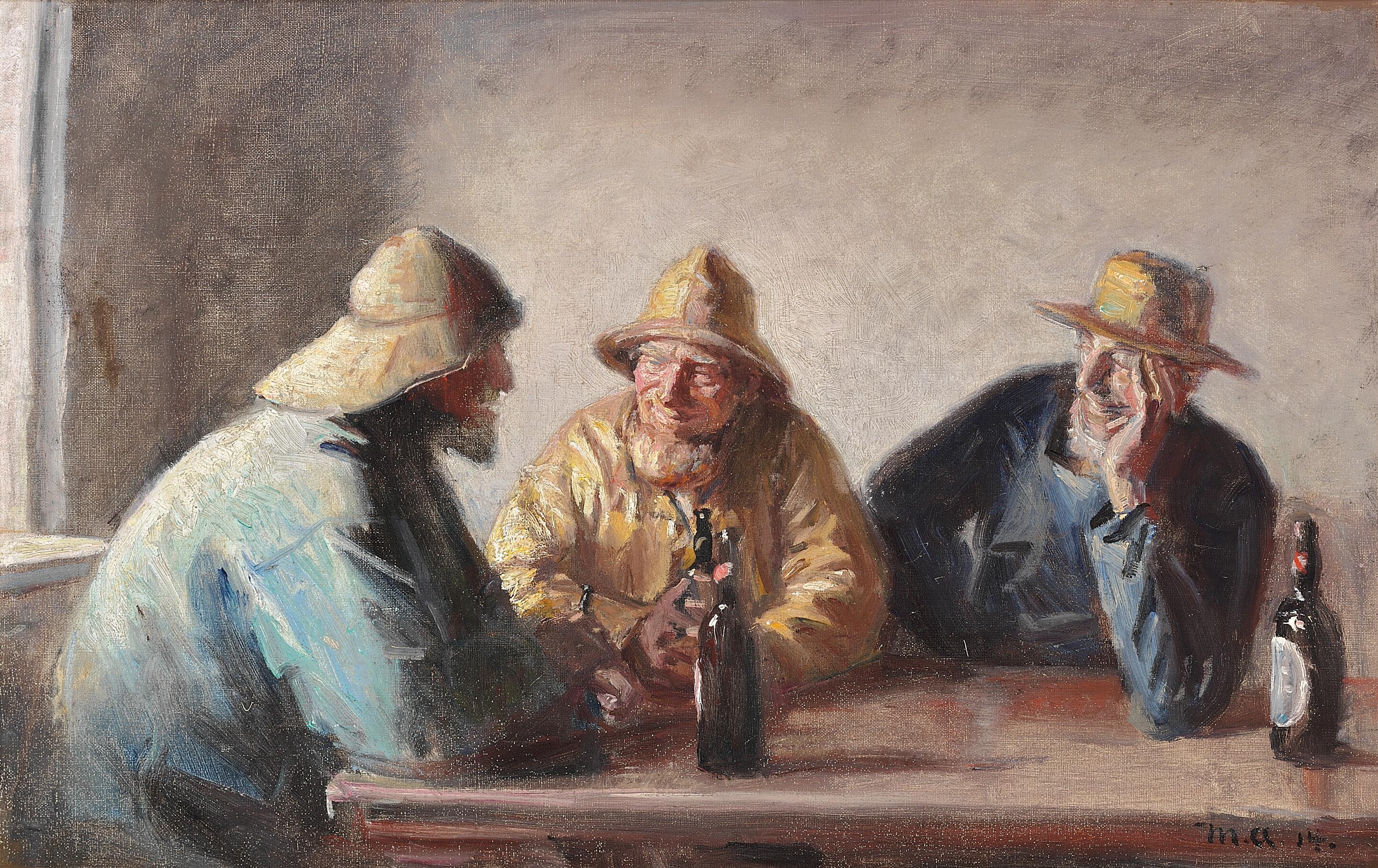 Los pescadores Andreas Carlsen, Ole Malmer y Thomas Peter Larsen disfrutan de una cerveza después del trabajo. -Michael Peter Ancher