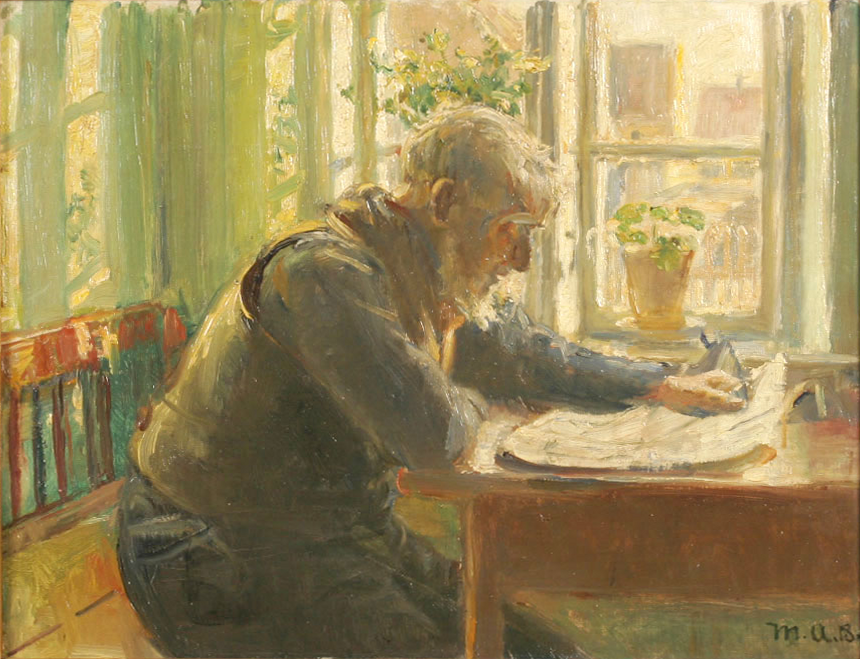 Un anciano lee su periódico junto a la ventana. - Michael Peter Ancher