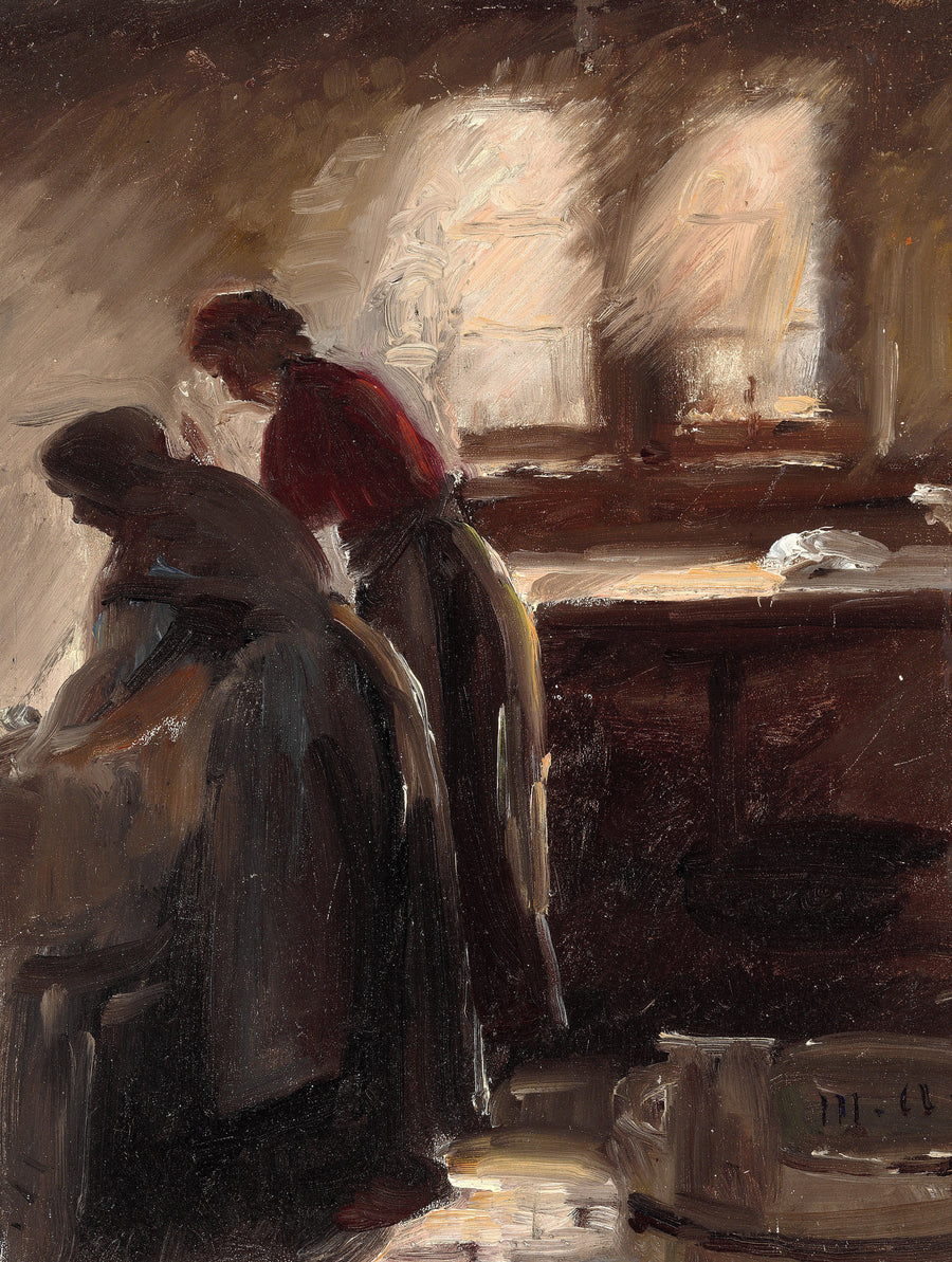 Interior de cocina con dos mujeres trabajando. - Michael Peter Ancher