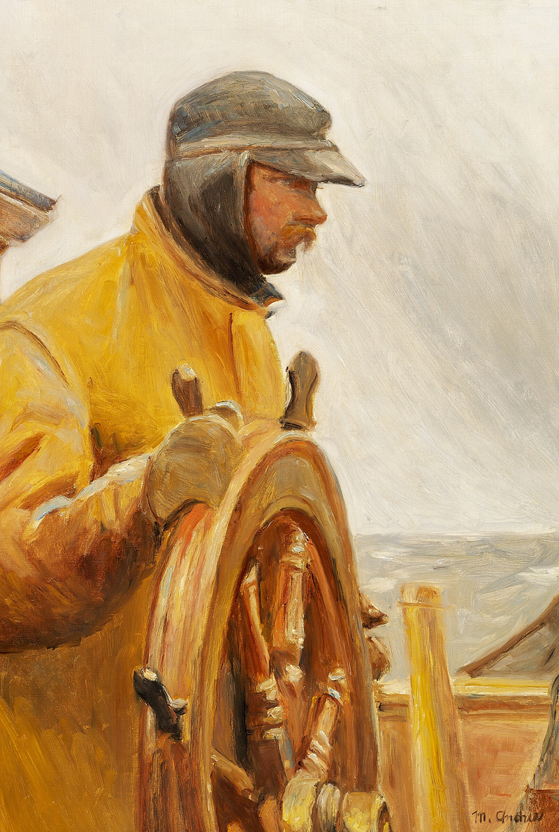 Konrad al timón. Un pescador de Skagen dirige un barco. -Michael Peter Ancher