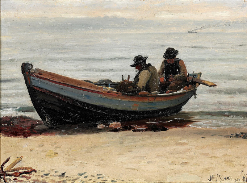 Dos pescadores reparan sus redes en su bote en la playa. - Michael Peter Ancher