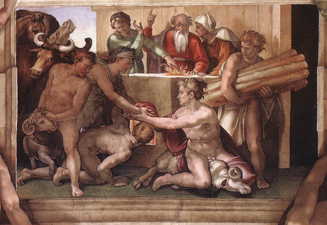 Reproduction du tableau « Le Sacrifice de Noé - Michel-Ange » par Alpha Reproduction en peinture à l’huile
