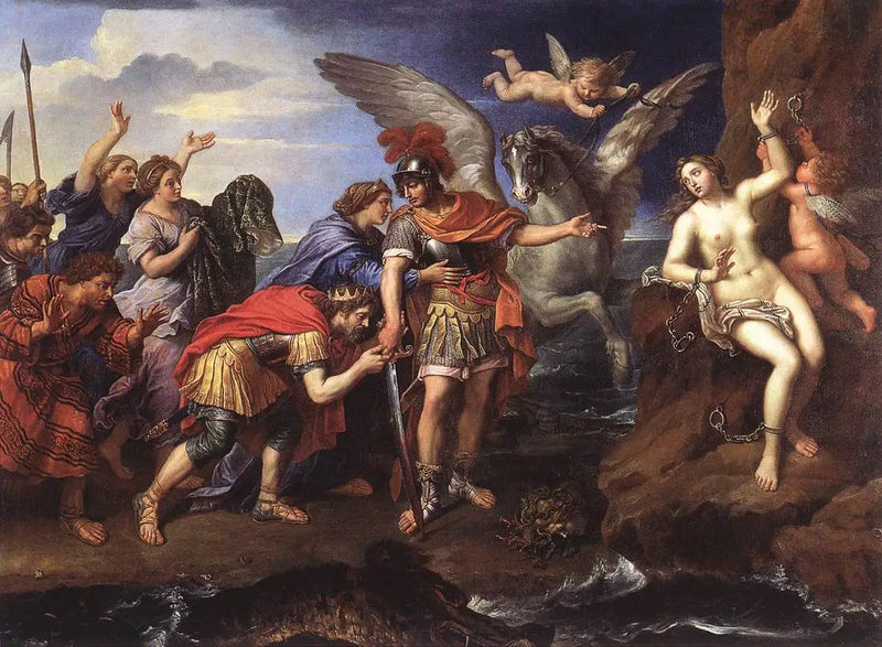 El Rey Cefeo y la Reina Casiopea agradeciendo a Perseo por haber liberado a su hija Andrómeda - Pierre Mignard