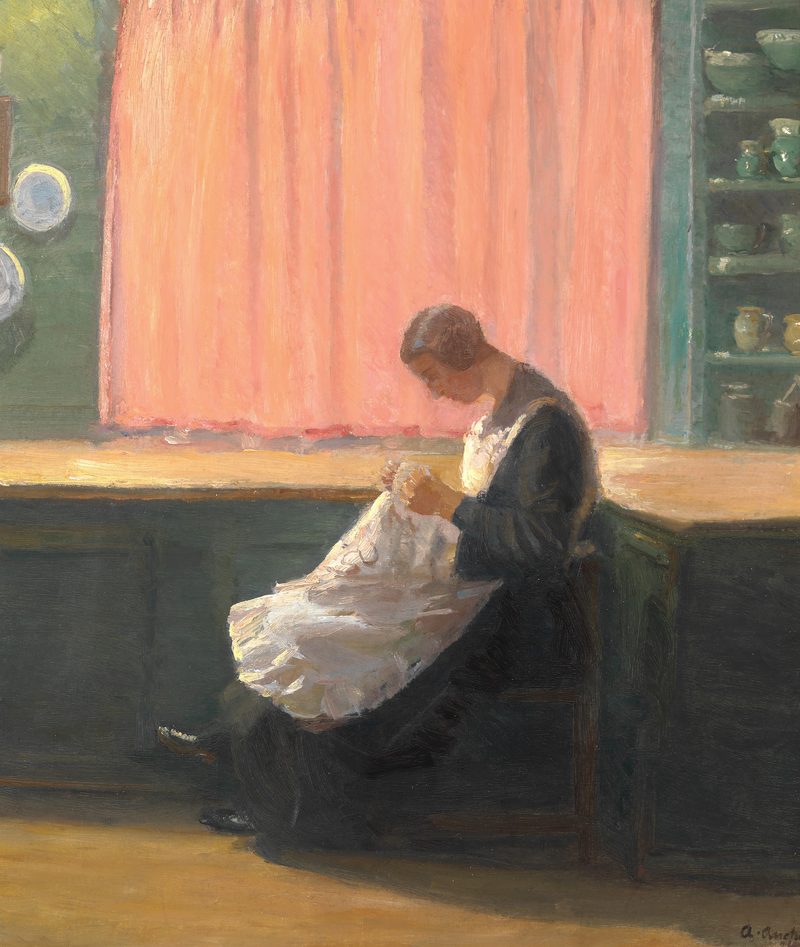 Al final del día. Niña cosiendo. - Anna Ancher