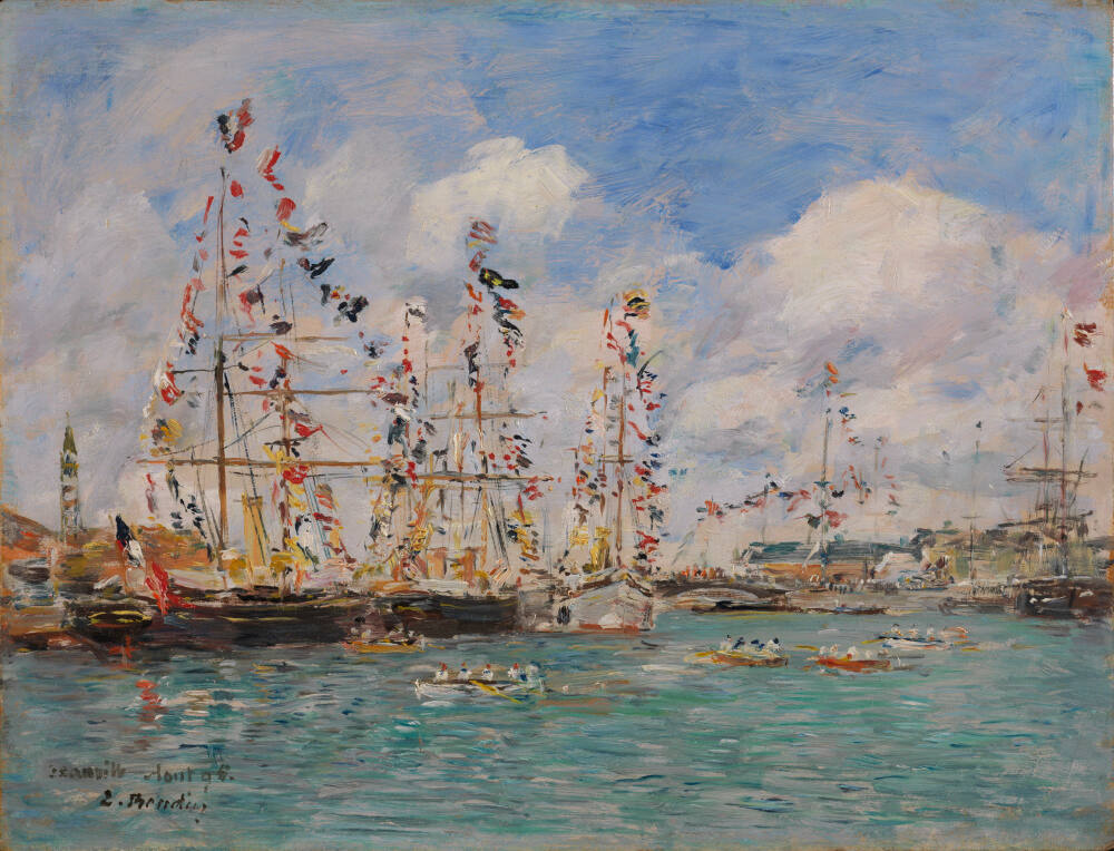 Reproduction du tableau « Bateaux décorés de drapeaux dans le port de Deauville - Eugène Boudin » par Alpha Reproduction en peinture à l’huile
