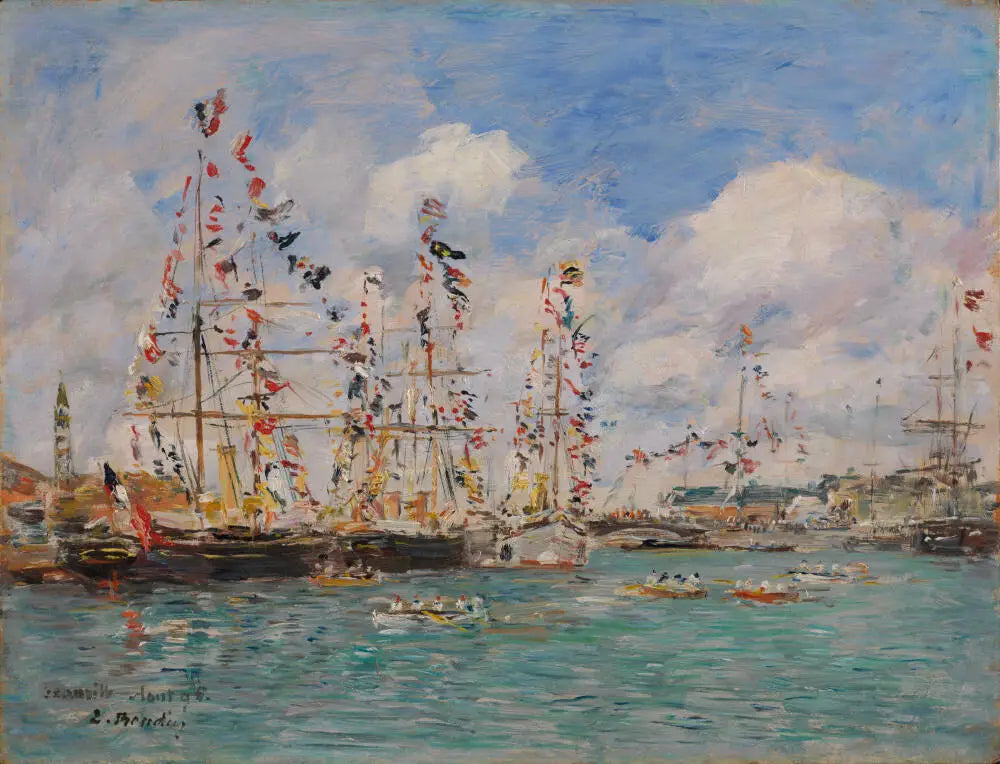 Reproduction du tableau « Bateaux décorés de drapeaux dans le port de Deauville - Eugène Boudin » par Alpha Reproduction en peinture à l’huile