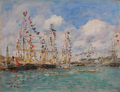 Reproduction du tableau « Bateaux décorés de drapeaux dans le port de Deauville - Eugène Boudin » par Alpha Reproduction en peinture à l’huile