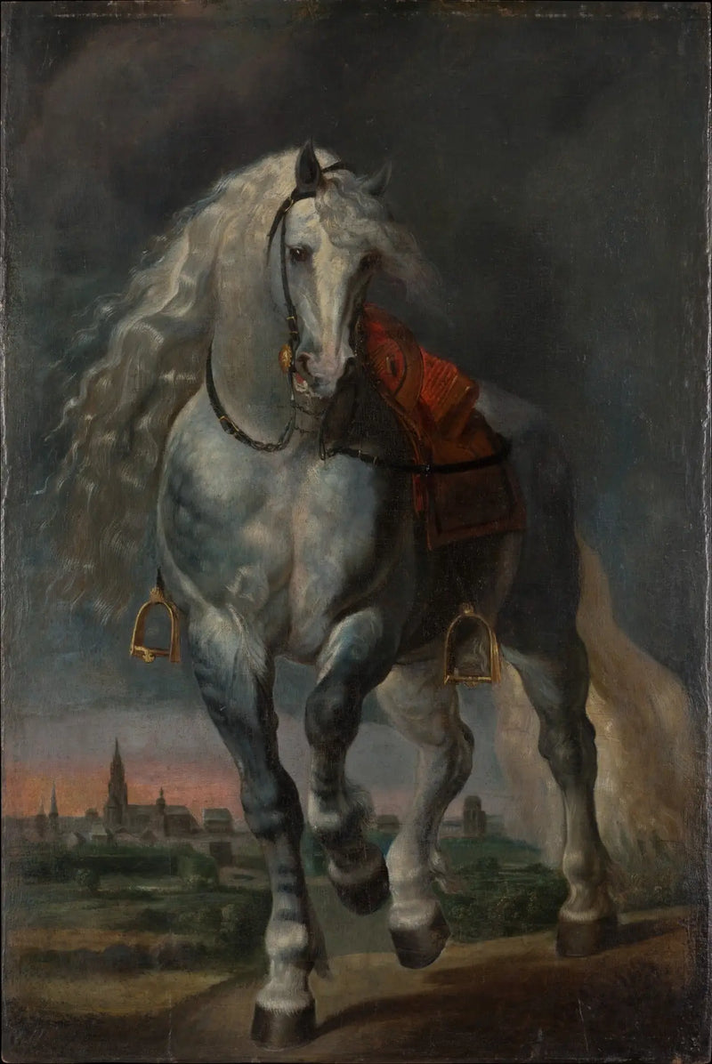 Caballo blanco trotando sobre un paisaje plano frente a una ciudad - Peter Paul Rubens