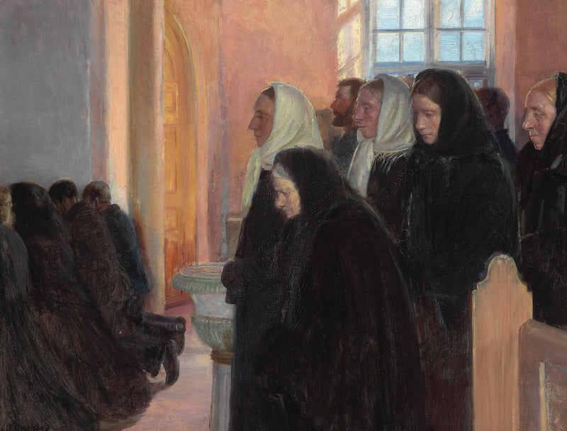 Comunión en la iglesia de Skagen. La luz del sol se filtra a través de las vidrieras. - Anna Ancher