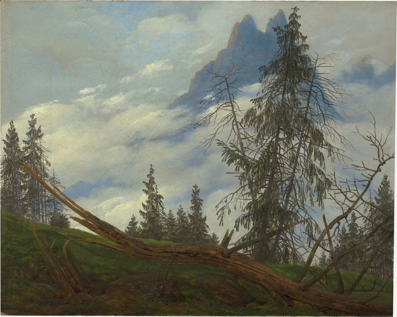 Cresta de alta montaña con nubes de conducción - Caspar David Friedrich