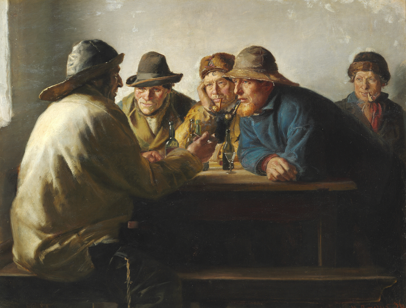 Pescadores sentados alrededor de una mesa bebiendo - Michael Peter Ancher