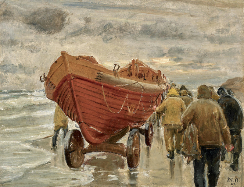 Los pescadores tiran de un bote salvavidas por la playa. - Michael Peter Ancher