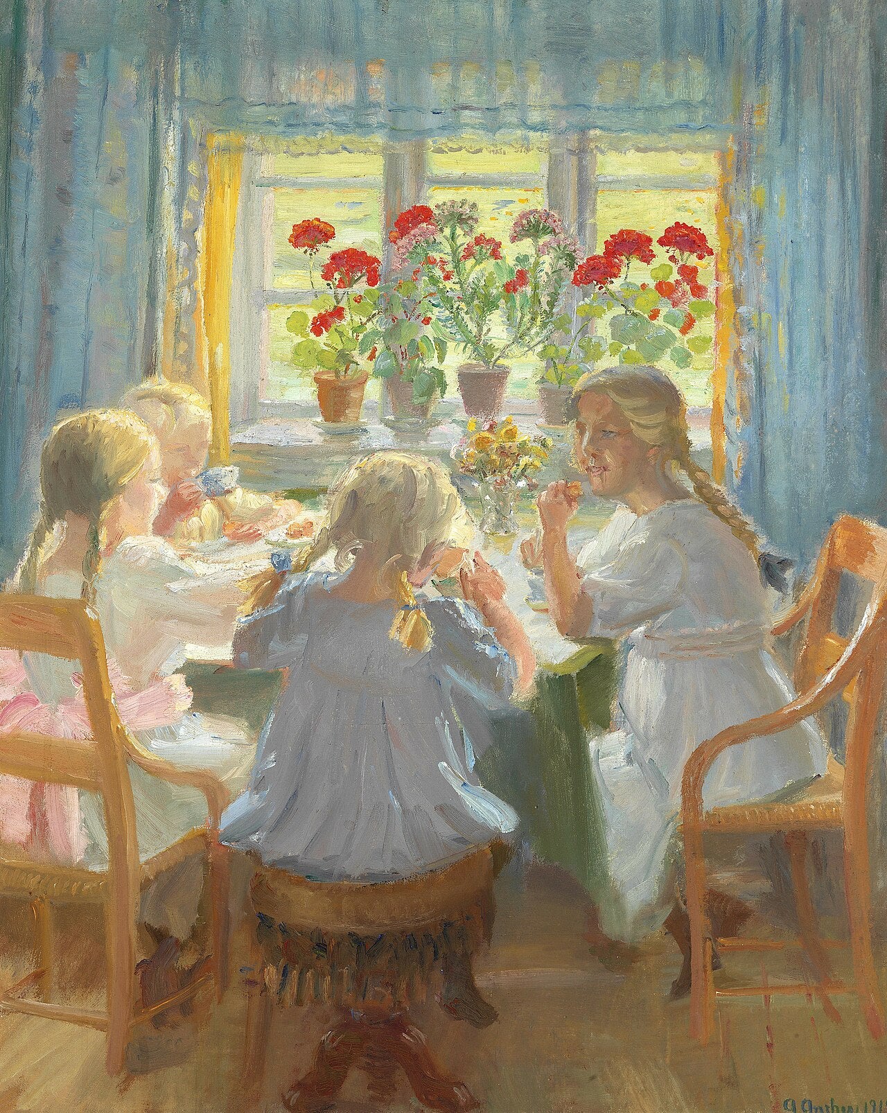 Des petites filles prennent le thé à Nordstuen dans la maison d’Anchers sur Markvej Skagen. - Anna Ancher - Alpha