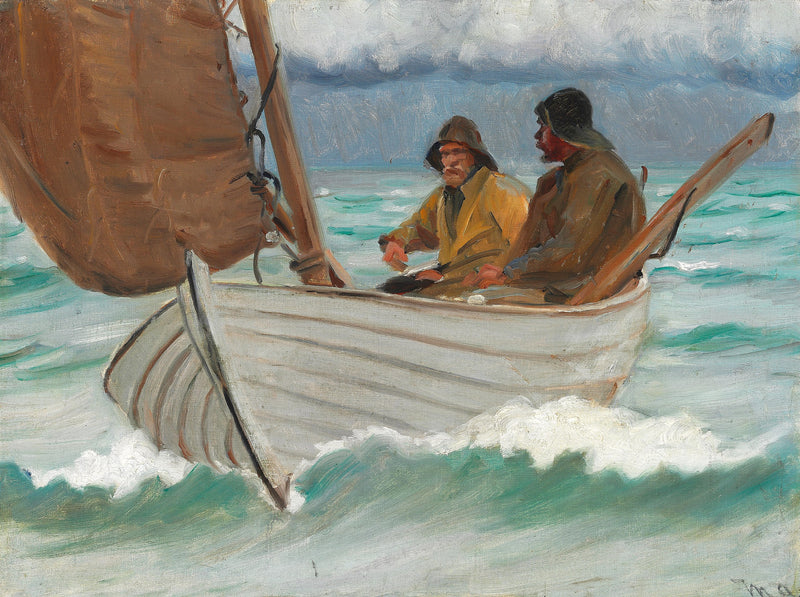 Dos pescadores de Skagen a bordo de un velero frente a la costa. - Michael Peter Ancher