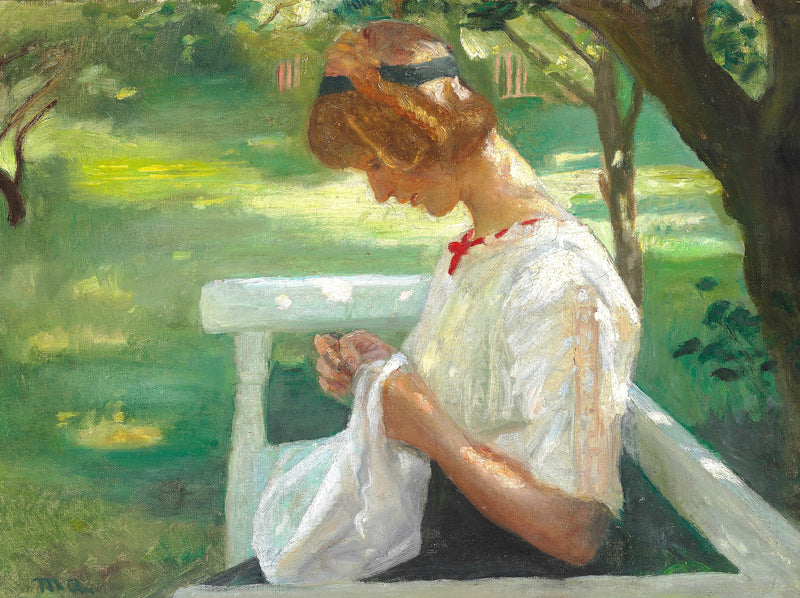 Ella Saxild está cosiendo en el jardín en un día de verano. - Michael Peter Ancher
