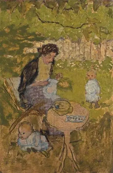 Mujer cosiendo en un jardín (con niños) - Pierre Bonnard