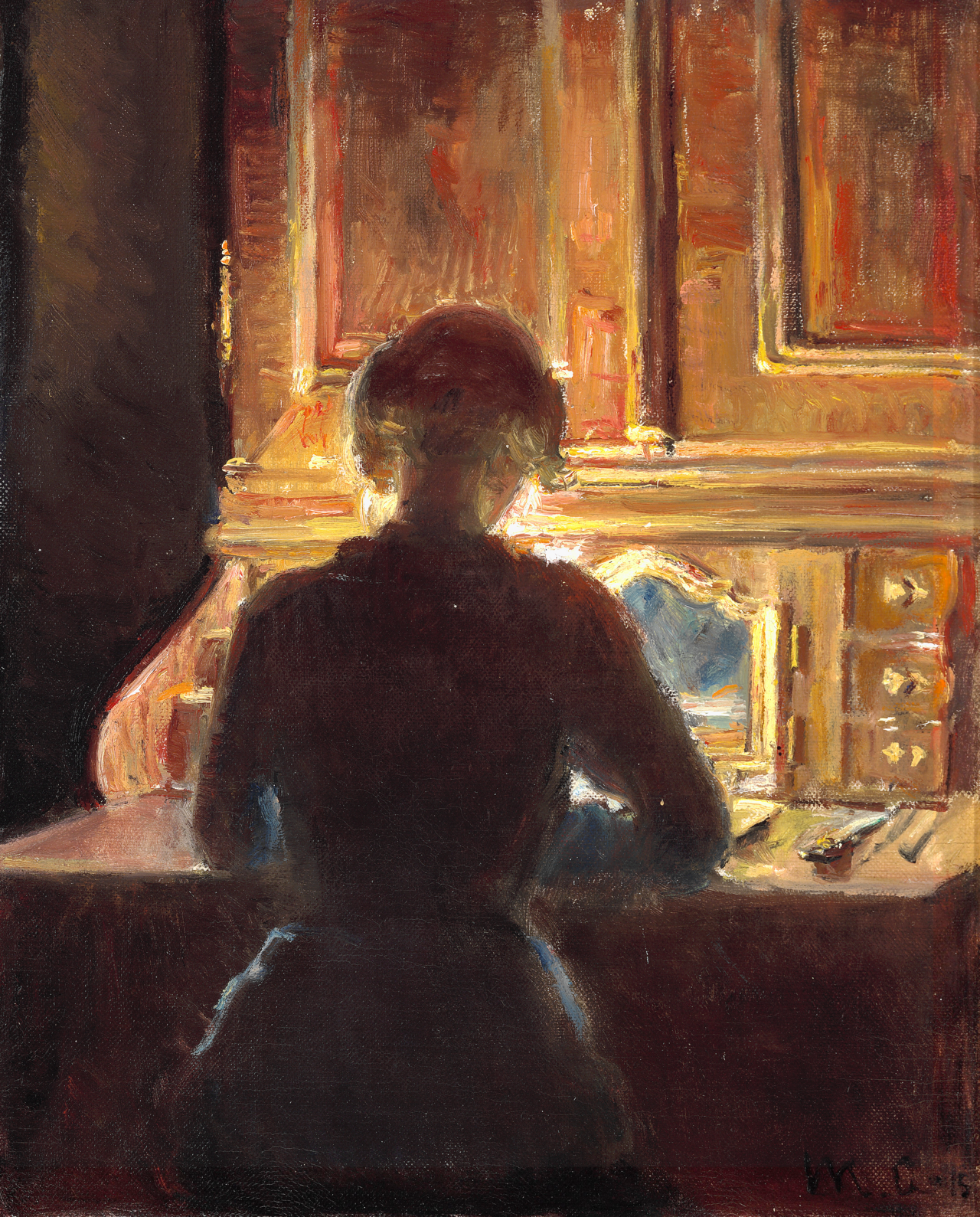 Helga sentada en el estudio de Michael Ancher en su escritorio de nogal rococó Ortmann en Markvej. -Michael Peter Ancher