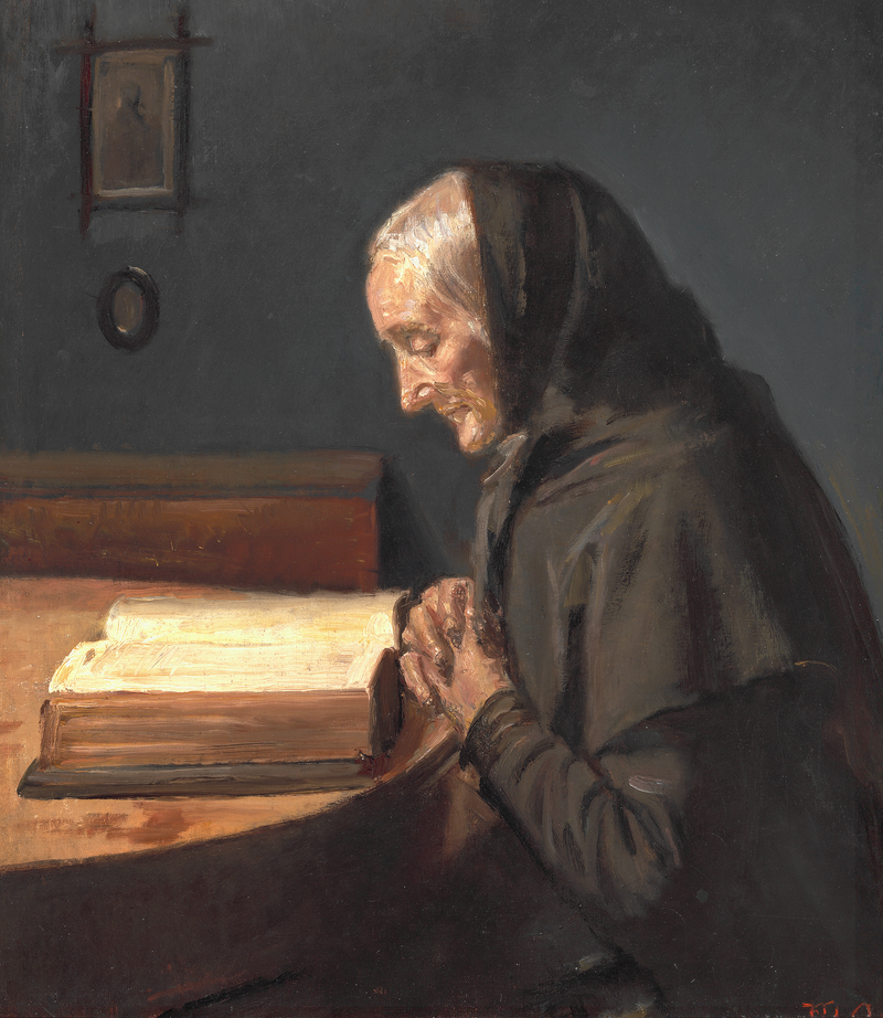 Interior con Ane Bründum, la suegra del artista, de perfil, leyendo la Biblia. - Michael Peter Ancher