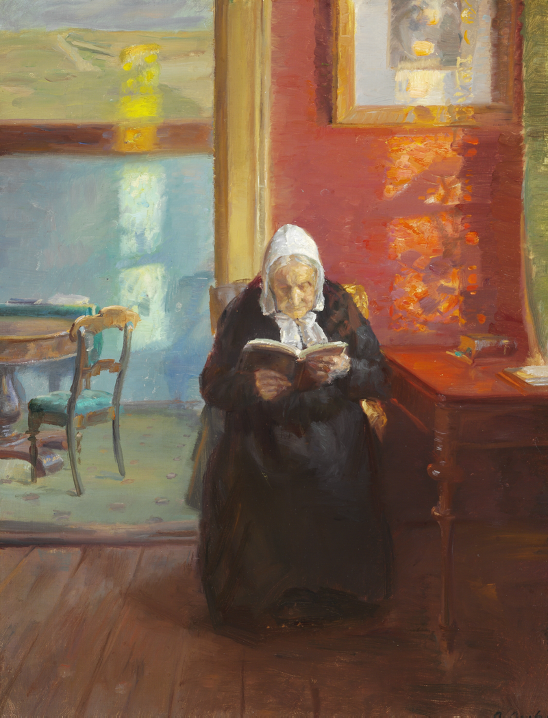 Interior de la habitación roja con la madre de la artista, Ane Bründum, leyendo - Anna Ancher