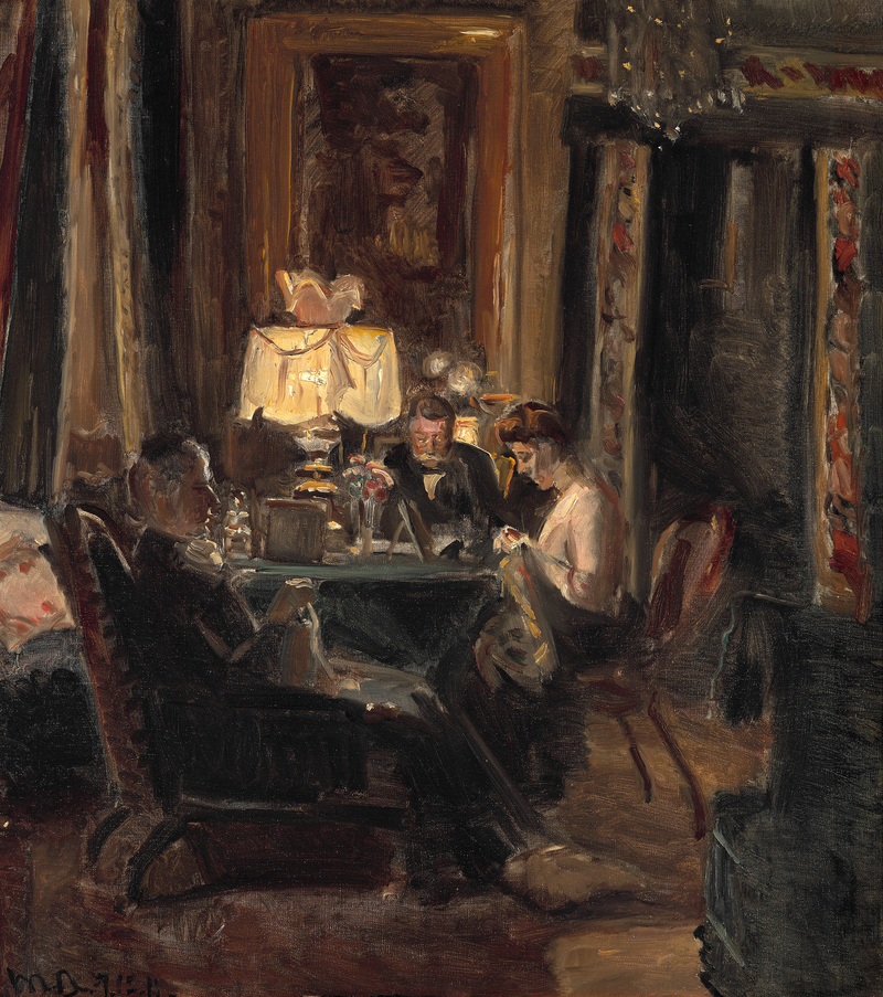 Interior del salón de Kruuseminde con la familia Bech sentada a la mesa a la luz de una lámpara. - Michael Peter Ancher