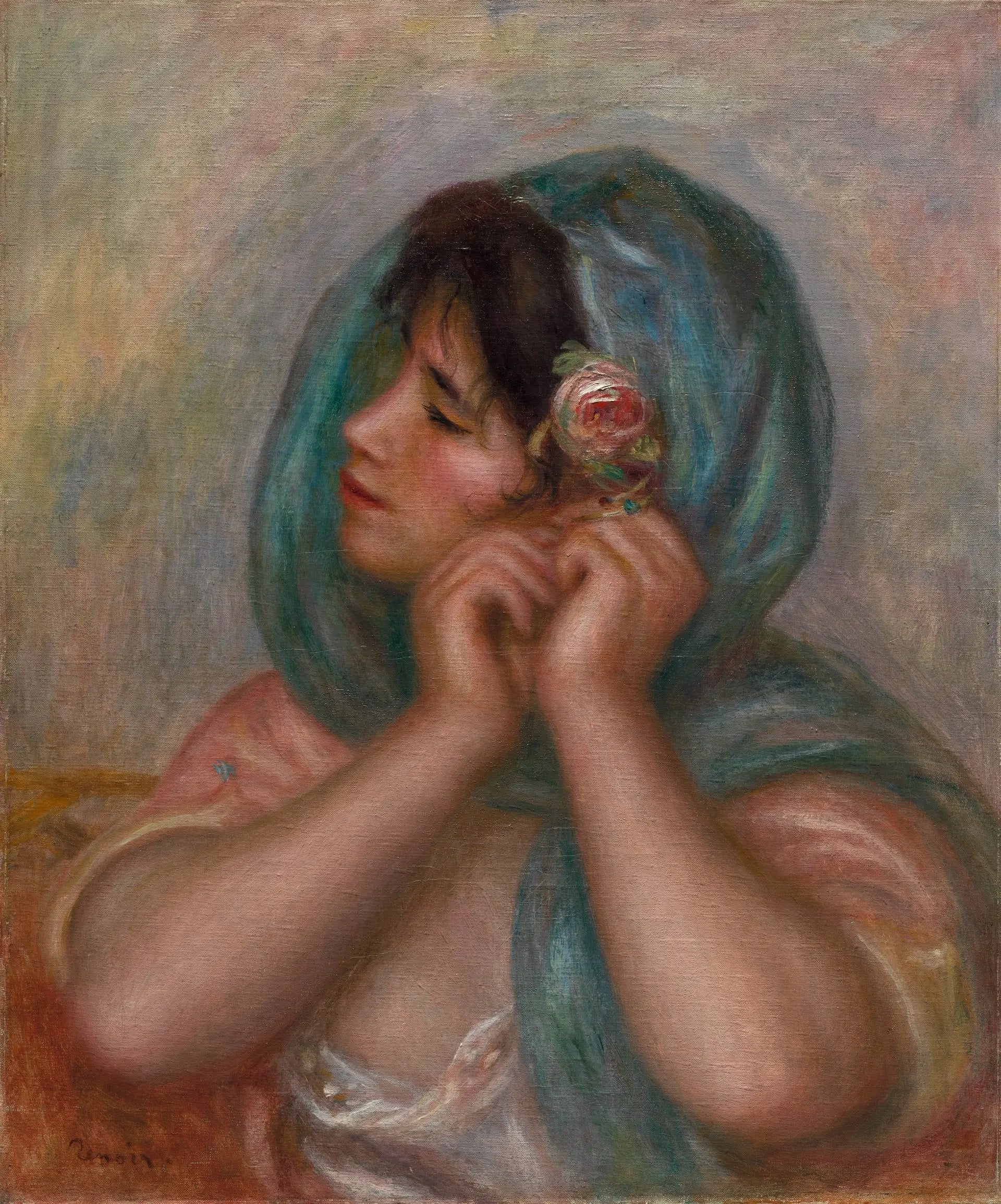 Reproduction du tableau « Jeune femme arrangeant sa boucle d'oreille - Pierre-Auguste Renoir » par Alpha Reproduction en peinture à l’huile