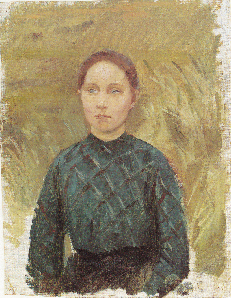 Mujer joven con un vestido verde, sentada en las dunas - Anna Ancher