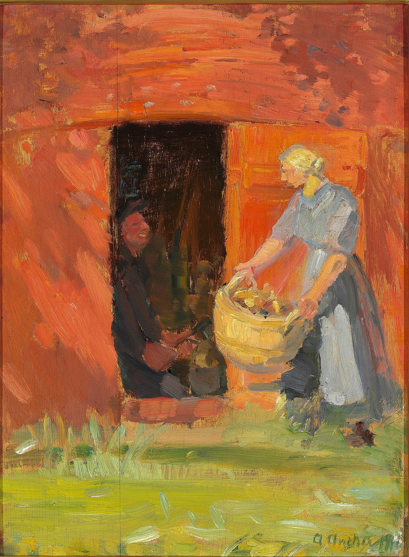 Una joven cargando ropa sucia frente a una casa roja en Skagen. - Anna Ancher