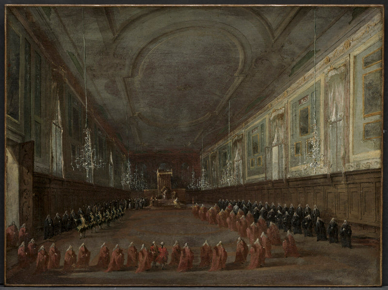 El Papa Pío VI descendiendo del trono para despedirse del dogo en la sala de San Juan y San Pablo, 1782 - Francesco Guardi