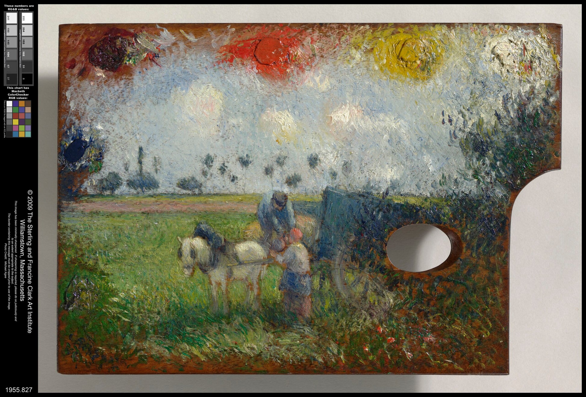 Reproduction du tableau « Palette de l’artiste avec charrette et paysans - Camille Pissarro » par Alpha Reproduction en peinture à l’huile