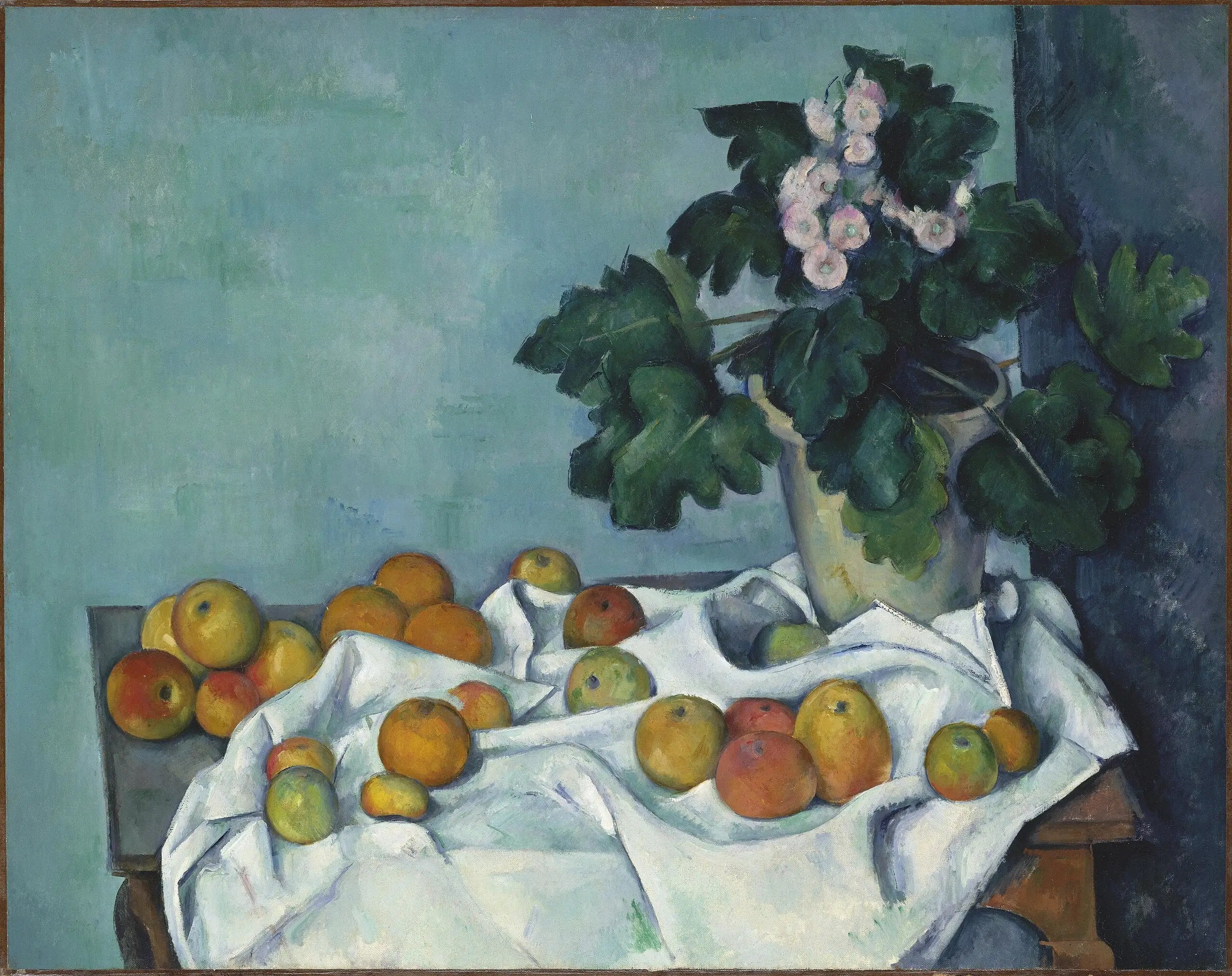 Reproduction du tableau « Pot de primevères et fruits sur une table - Paul Cézanne » par Alpha Reproduction en peinture à l’huile