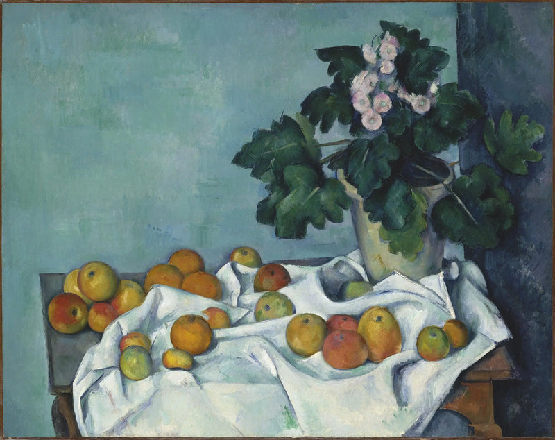Jarrón de primaveras y frutas sobre una mesa - Paul Cézanne